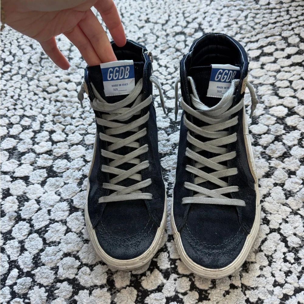 Golden Goose Slide High-Top Sneakers in Black with White Laces - Picture 2 of 9